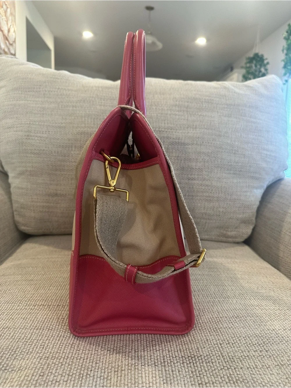 Prada Beige And Pink Canvas And Leather Tote - Picture 3 of 16
